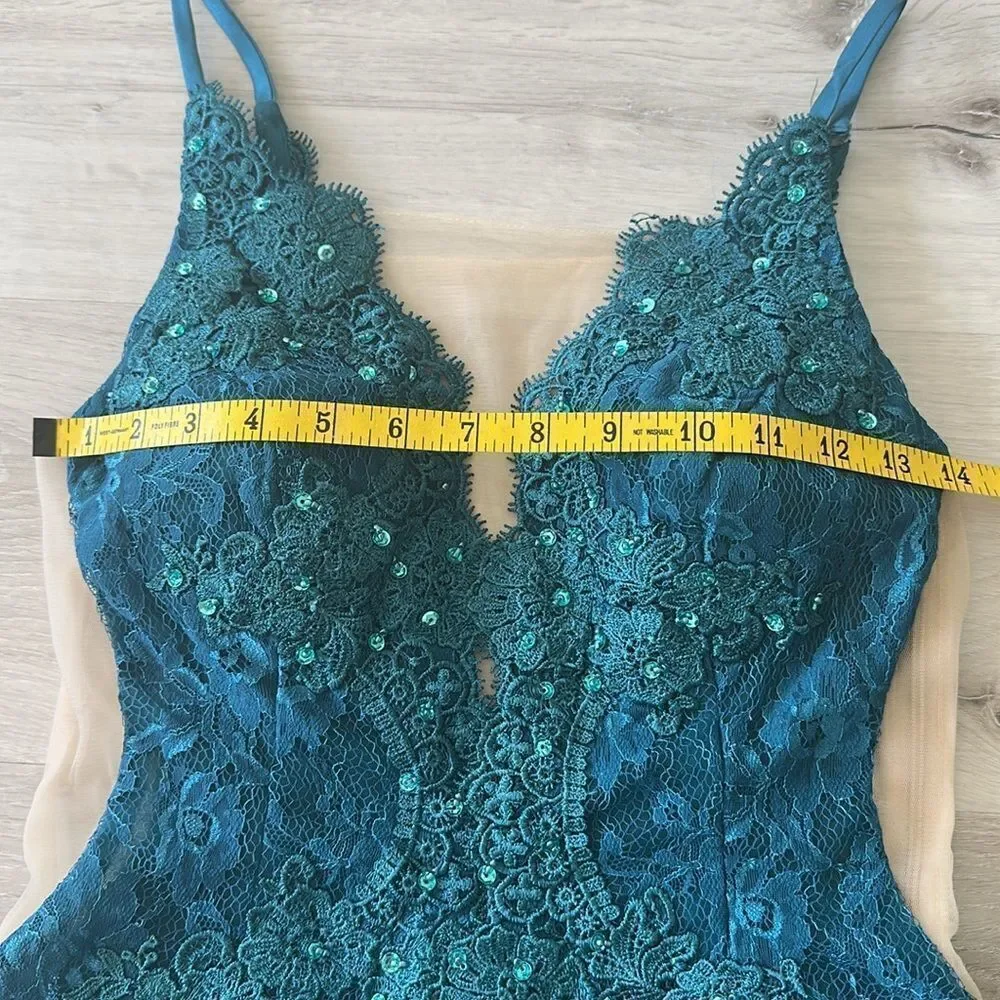 Elegant Lace and Sequined Dress Teal/Nude NWOT